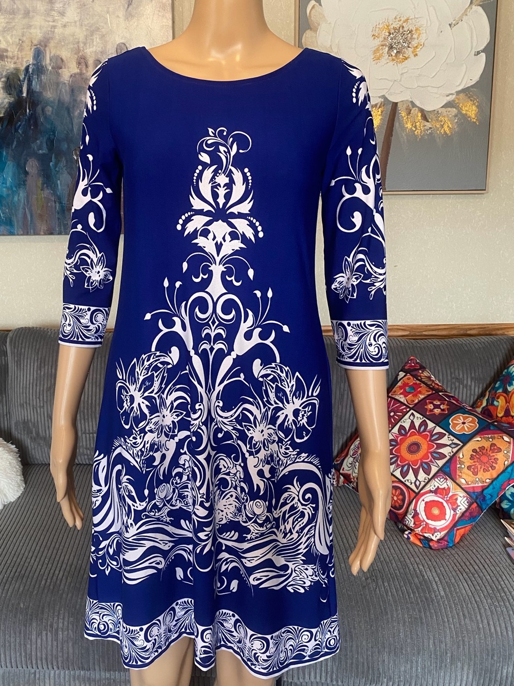 Forever Blue & White Floral-Print Long Sleeve Dress